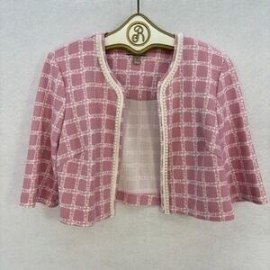 Maya Brooke Cropped Blazer size 14 Pink Plaid Open Front Pearl Trim Coquette